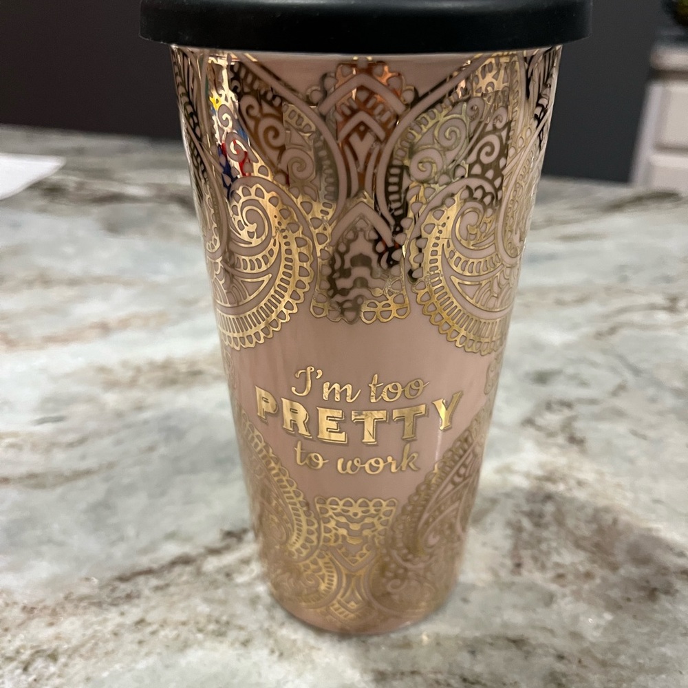 “I’m too PRETTY to work” Gold and Pink Travel Mug